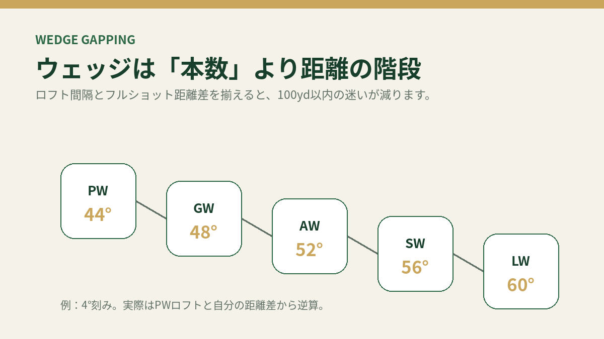 PWからウェッジまでのロフト間隔と距離の階段を考える図。