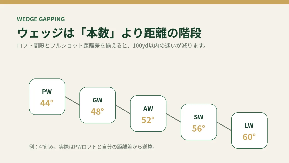 ウェッジのロフト間隔と距離差を考える図。