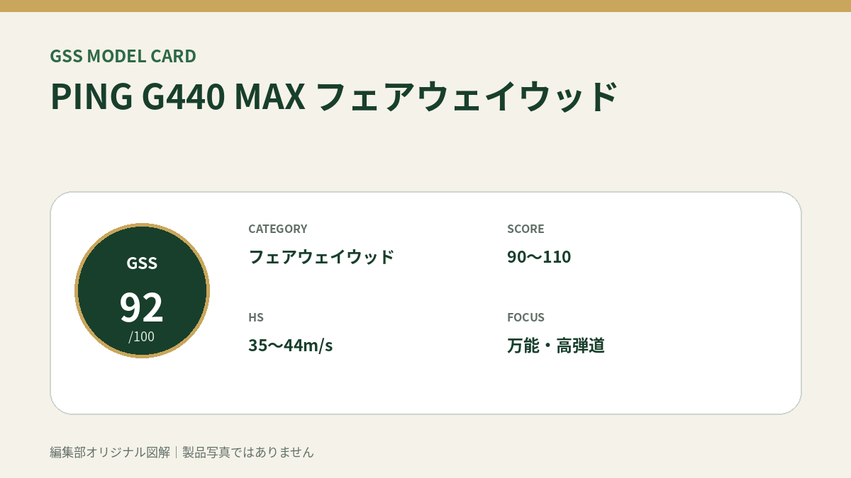 PING G440 MAX フェアウェイウッドのGSS評価概要図。対象スコア・ヘッドスピード・重視ポイントを整理。