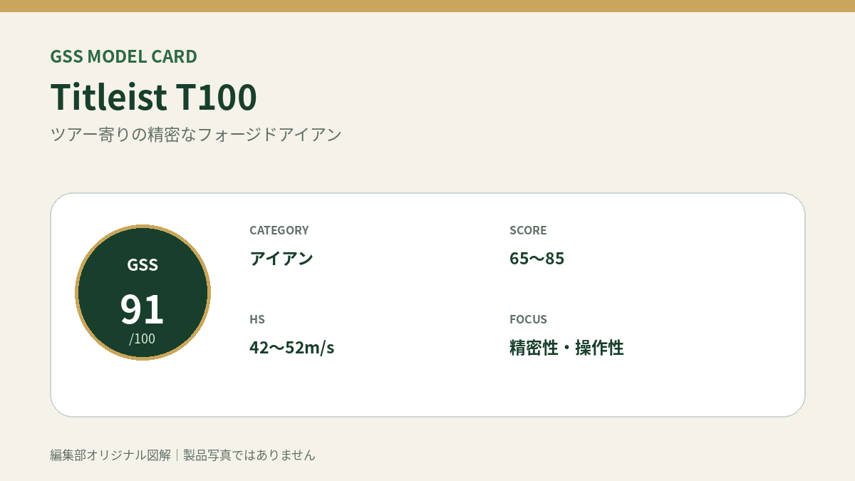 Titleist T100のGSS評価概要図。対象スコア・ヘッドスピード・重視ポイントを整理。