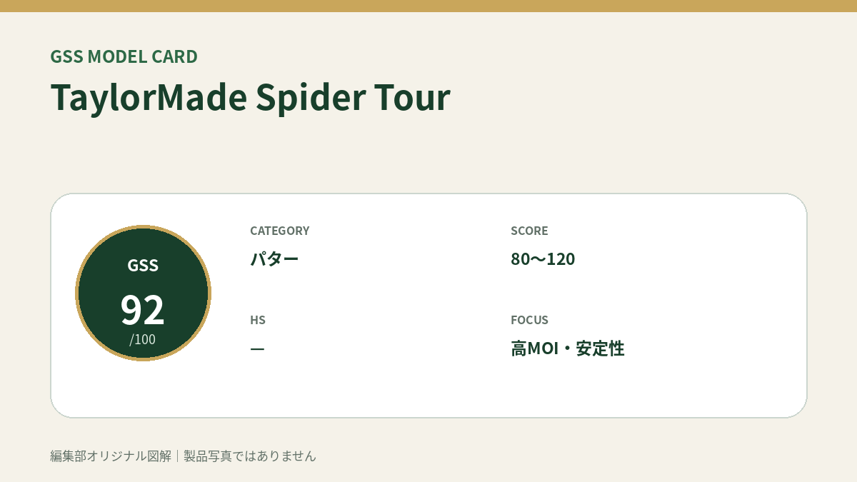 TaylorMade Spider TourのGSS評価概要図。対象スコア・ヘッドスピード・重視ポイントを整理。