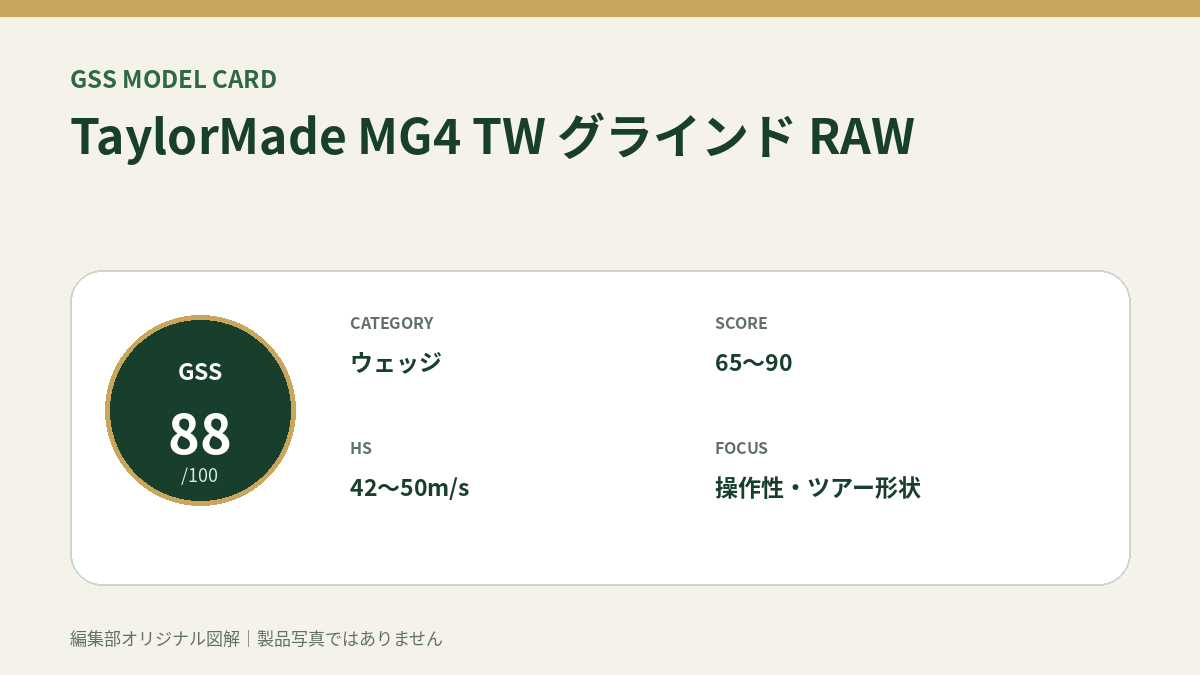 TaylorMade MG4 TW グラインド RAWのGSS評価概要図。対象スコア・ヘッドスピード・重視ポイントを整理。